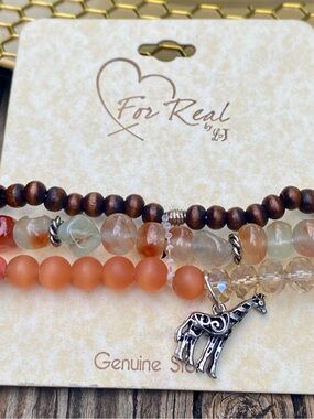 For Real Multi-Strand Orange & Brown Beaded Bracelet Set with Giraffe Charm
